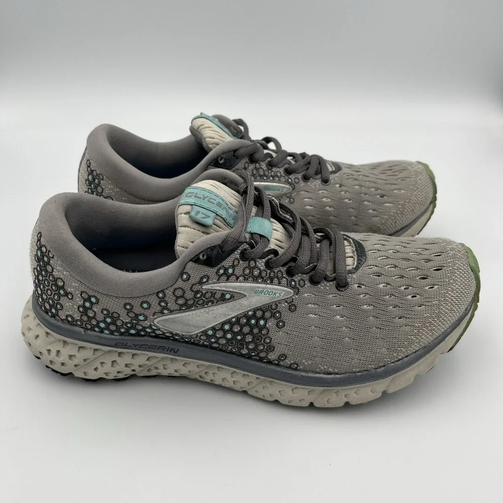 Brooks Glycerin 17 Running Walking Shoes Sneakers Gray Green Womens 7 B Athletic